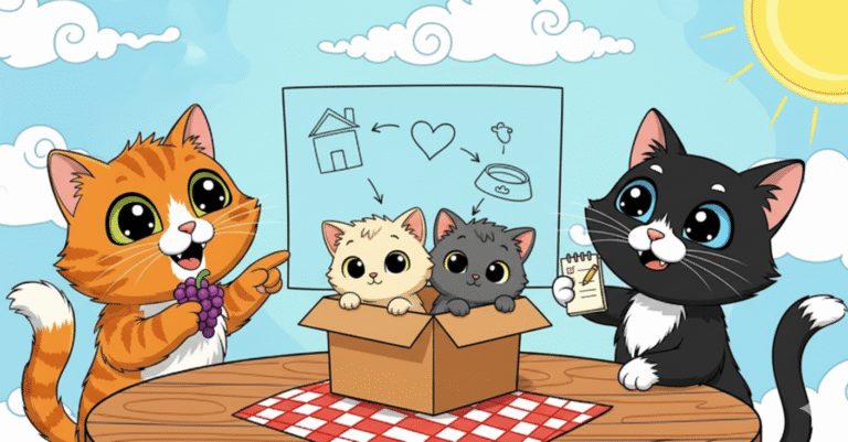 Gatos de dibujos animados explicando un plan de adopción con dos gatitos bebés en una caja