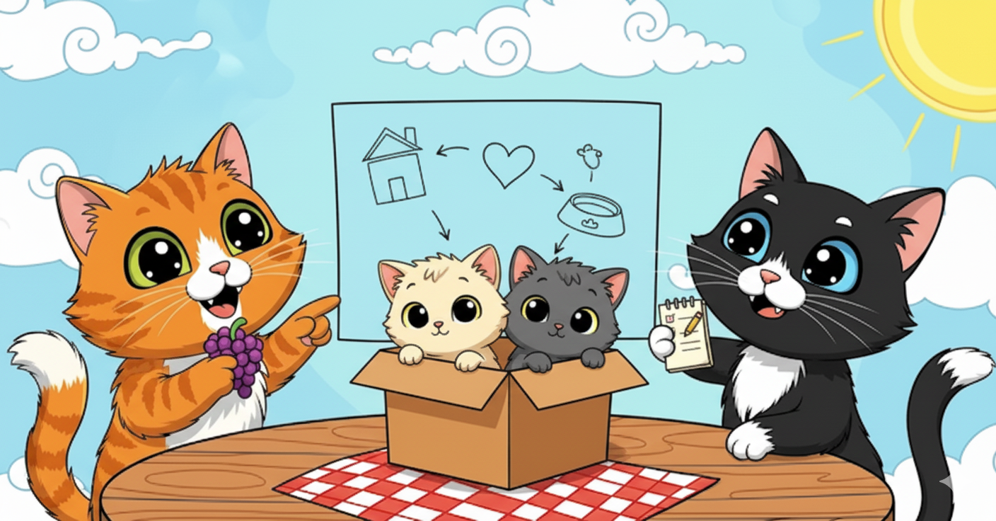 Gatos de dibujos animados explicando un plan de adopción con dos gatitos bebés en una caja