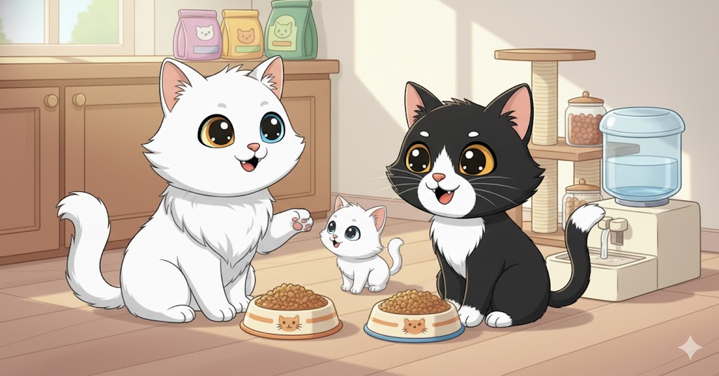 Tres gatos con varios cuencos de pienso y agua