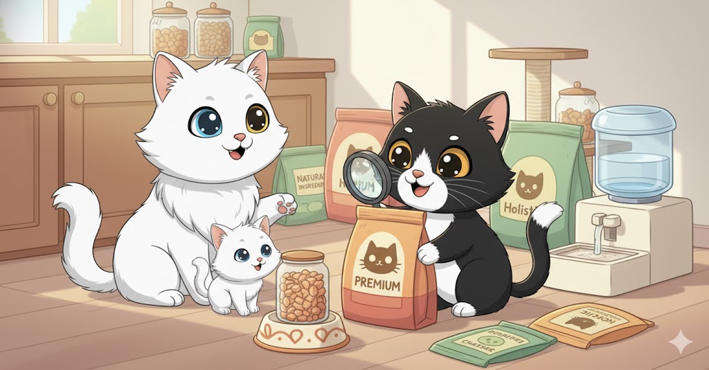 Tres gatos junto a varias bolsas de comida, uno examina una etiqueta con una lupa que dice “premium”