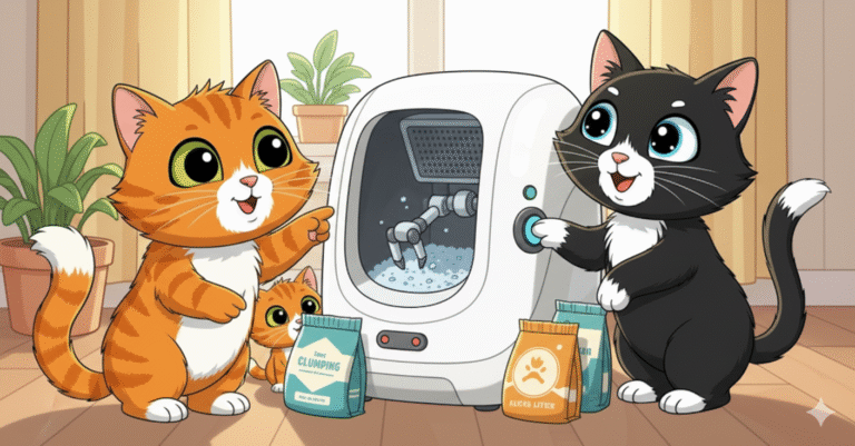 Tres gatos junto a un arenero automático, uno de ellos toca los botones