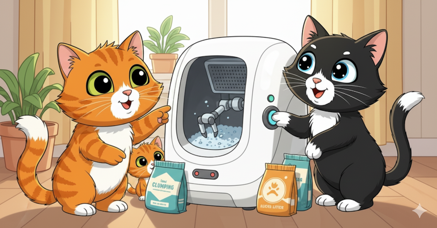 Tres gatos junto a un arenero automático, uno de ellos toca los botones