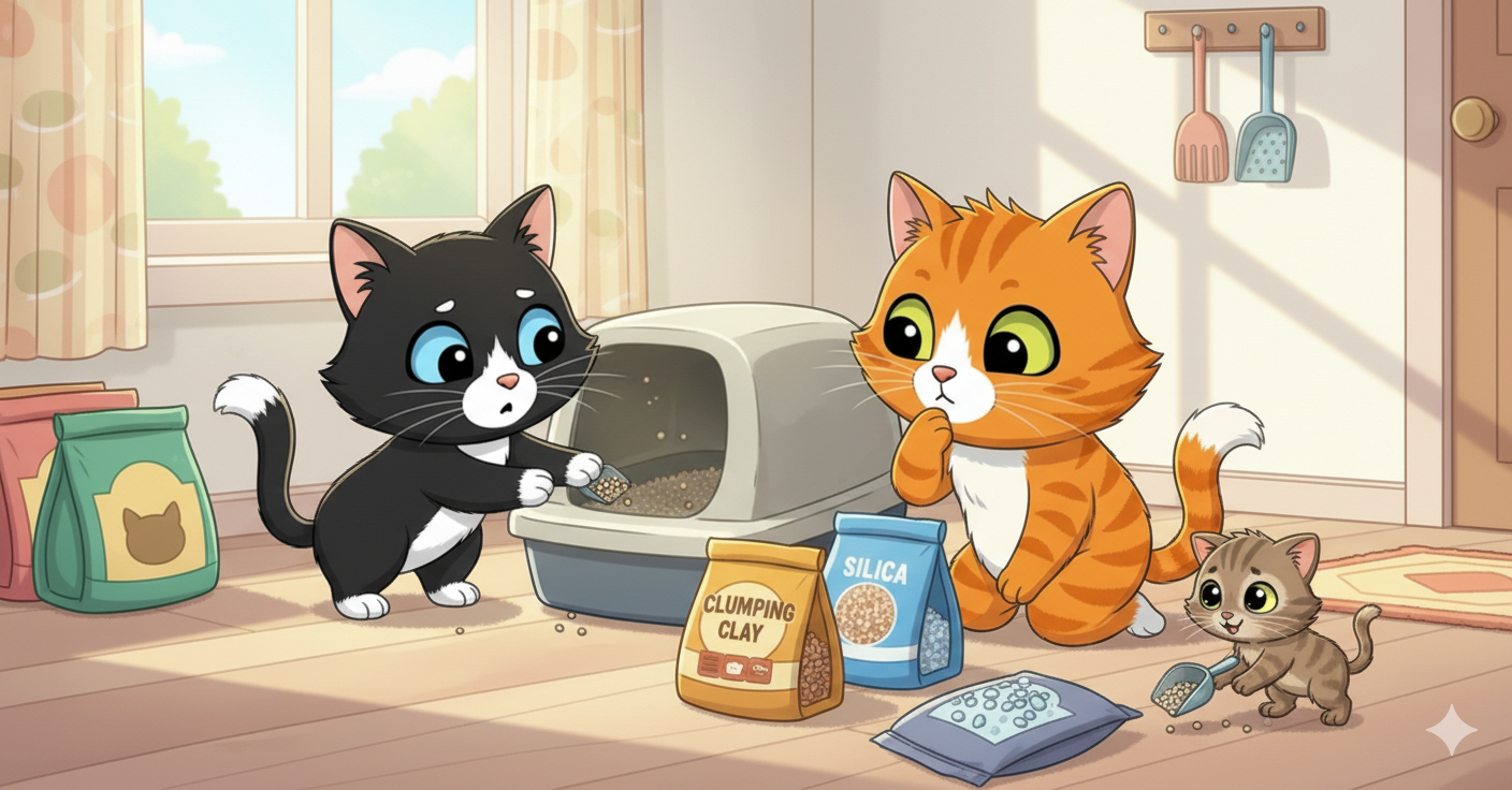 Tres gatos junto a un arenero y varias bolsas de arena, uno saca arena con una pala