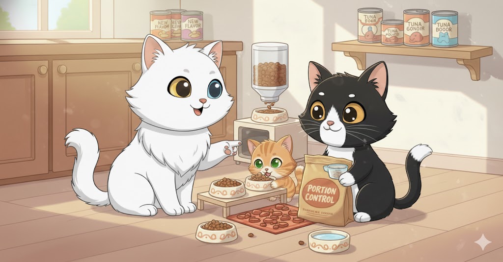 Tres gatos de caricatura en una cocina, con un gato blanco de ojos heterocromáticos sonriendo y señalando. Un gatito naranja come de un cuenco elevado. Un gato blanco y negro sostiene un saco de "Portion Control" (control de porciones) y mira con una expresión feliz. Varios cuencos con comida y agua, un dispensador de croquetas y latas de comida para gato en estantes.