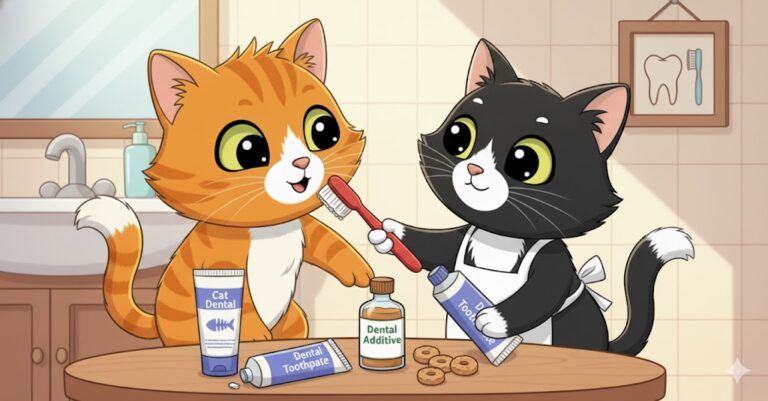 Dos gatos de caricatura en un baño, practicando higiene dental. Un gato naranja sonríe mientras un gato negro y blanco con delantal le cepilla los dientes. En el mostrador hay productos dentales para gatos: pasta de dientes, aditivo dental, y snacks dentales. Un grifo y un espejo son visibles al fondo.