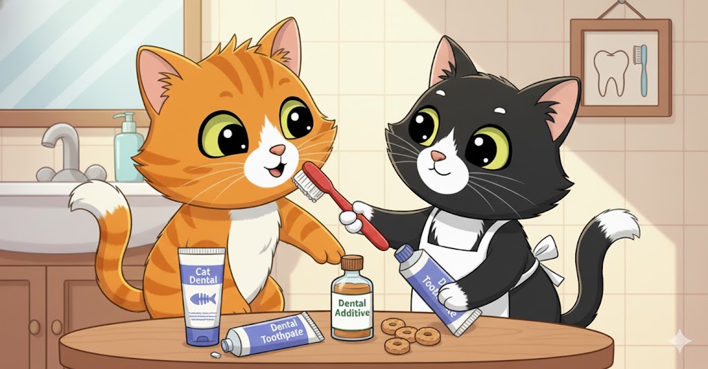 Dos gatos de caricatura en un baño, practicando higiene dental. Un gato naranja sonríe mientras un gato negro y blanco con delantal le cepilla los dientes. En el mostrador hay productos dentales para gatos: pasta de dientes, aditivo dental, y snacks dentales. Un grifo y un espejo son visibles al fondo.