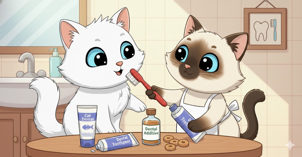 Dos gatos de caricatura en un baño, practicando higiene dental. Un gato blanco de ojos azules sonríe mientras un gato siamés con delantal le cepilla los dientes. En el mostrador hay productos dentales para gatos: pasta de dientes, aditivo dental, y snacks dentales. Un grifo y un espejo son visibles al fondo.