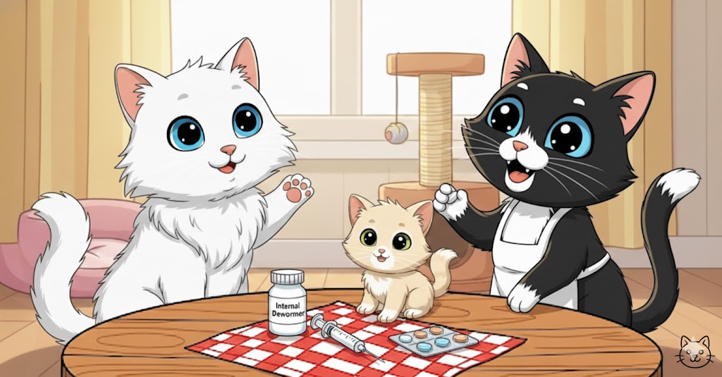 os gatos adultos y un gatito de caricatura en un hogar. Un gato blanco de ojos azules levanta una pata en saludo. Un gatito beige se sienta entre ellos. Un gato blanco y negro con delantal sonríe y levanta una pata en saludo. Sobre una mesa con mantel de cuadros rojos, hay un frasco de "Internal Dewormer" (desparasitador interno), una jeringa y blísters de pastillas. Un rascador de gatos es visible al fondo.