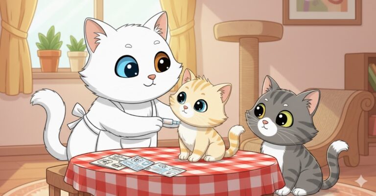 Tres gatos de caricatura en un hogar. Un gato blanco de ojos heterocromáticos y un delantal está administrando una inyección a un gatito naranja sobre una mesa. Un gatito atigrado gris observa con curiosidad. En la mesa hay documentos y un mantel de cuadros rojos. Un rascador se ve al fondo.