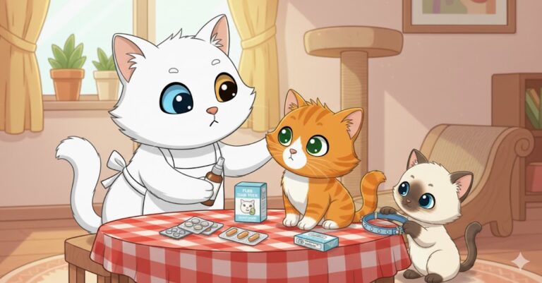 Tres gatos de caricatura en un hogar. Un gato blanco de ojos heterocromáticos y un delantal, sostiene un gotero cerca de un gatito naranja. En la mesa con mantel de cuadros rojos, hay blísteres de pastillas, una caja de "Puss Hair Trick" (que simula un producto de desparasitación) y un collar antipulgas. Un gato siamés observa.