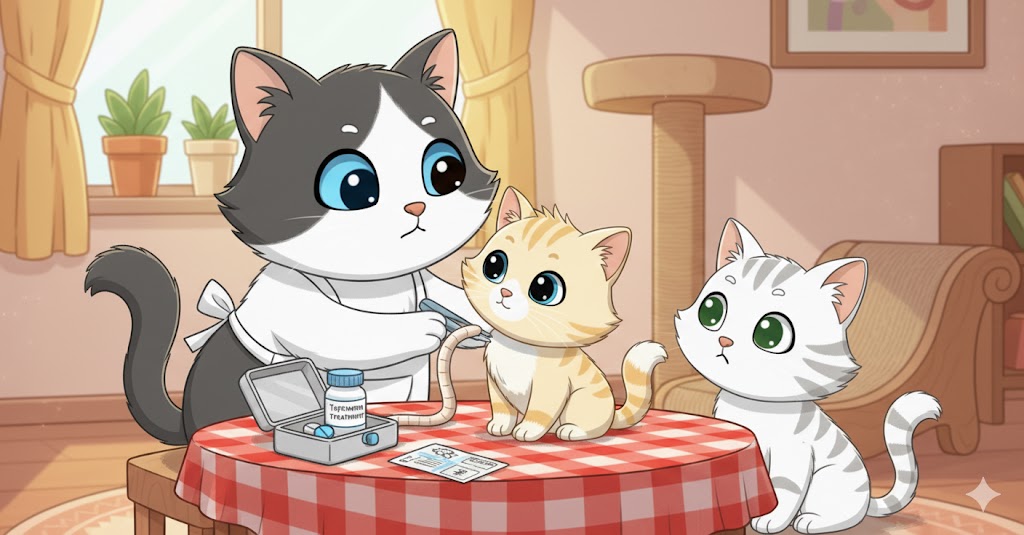 Tres gatos de caricatura en un entorno hogareño. Un gato gris y blanco con un delantal está administrando una pastilla a un gatito naranja sobre una mesa. Un gatito atigrado blanco observa. En la mesa hay un kit de primeros auxilios con una botella de "Tapeworm Treatment" (Tratamiento para Tenia) y un folleto. Un rascador se ve al fondo.