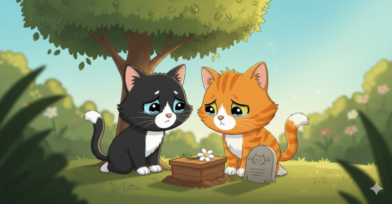 Dos gatos de caricatura, uno blanco y negro y otro naranja, llorando junto a una pequeña tumba improvisada con una flor blanca encima y una lápida con forma de gato bajo un árbol. La escena evoca la pérdida de una mascota.