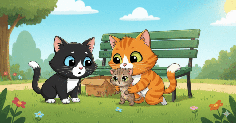 Dos gatos adultos de caricatura en un parque, con un banco verde detrás. Un gato blanco y negro con expresión sorprendida mira una caja de cartón vacía. Un gato naranja abraza y consuela a un pequeño gatito atigrado asustado. Flores de colores en la hierba.
