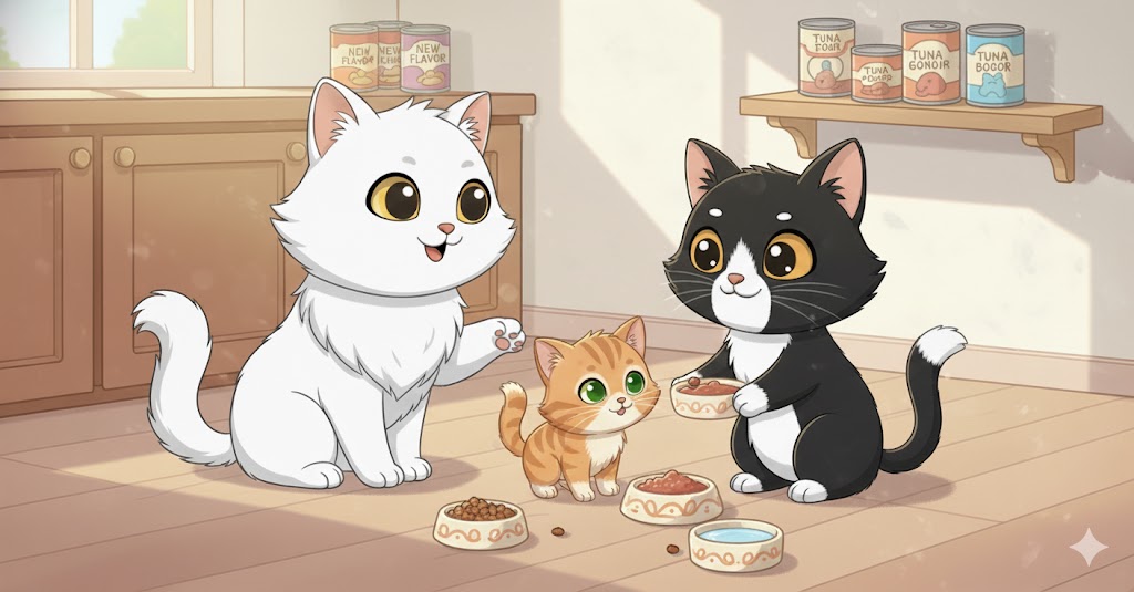 Tres gatos de caricatura en una cocina. Un gato blanco sonriente levanta una pata, observando a un gatito naranja que mira los cuencos de comida. Un gato blanco y negro sostiene un cuenco con comida. Se ven varios cuencos con diferentes tipos de comida para gatos, así como latas de comida y otros botes en estantes.