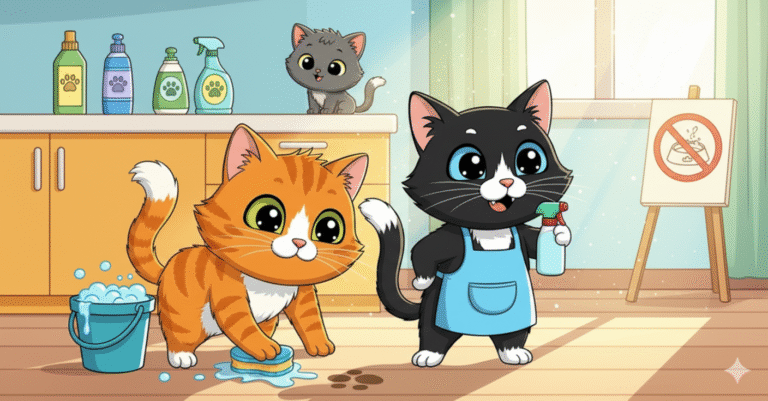 Tres gatos de caricatura en una cocina limpia. Un gato naranja frota el suelo con una esponja y un cubo de espuma. Un gato blanco y negro con delantal azul sostiene un spray de limpieza. Un gatito gris observa desde la encimera. Se ven productos de limpieza con etiquetas de patas y un cartel de "prohibido comer/beber" en un caballete.