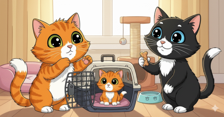 Dos gatos adultos de caricatura dando la bienvenida a un gatito naranja dentro de un transportín. El gato naranja levanta una pata, el gato blanco y negro sonríe y ofrece una galleta. Al fondo se ve un rascador y una cama para gatos.
