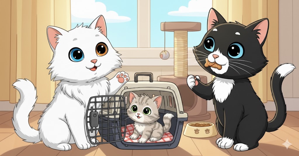 Tres gatos de caricatura en un entorno hogareño. Un gato blanco de ojos heterocromáticos saluda con la pata a un pequeño gatito gris y atigrado que está dentro de un transportín abierto. Un gato negro y blanco con ojos azules sostiene una galleta para gatos. Un rascador y un cuenco de comida son visibles en el fondo.