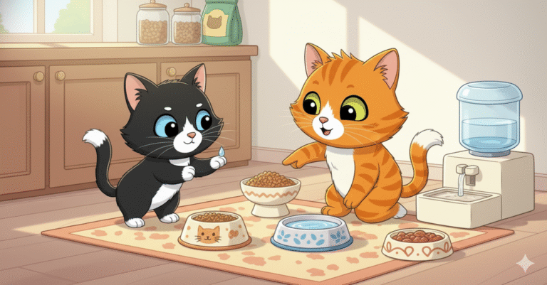 Dos gatos de caricatura interactuando con varios recipientes de comida y agua en una cocina. Un gato negro y blanco con ojos azules sostiene una gota de agua, mientras un gato naranja sonriente señala hacia un cuenco con croquetas. Se observan un bebedero automático, un cuenco de agua, y dos cuencos de comida para gatos sobre una alfombra.