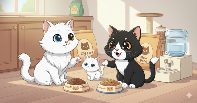 Tres gatos en una cocina, un gato blanco de ojos heterocromáticos con un cuenco de "Old Food" (comida vieja), un gatito blanco al centro, y un gato blanco y negro sonriente con un cuenco de "New Food" (comida nueva). Detrás hay sacos de pienso y un bebedero automático. La escena representa la transición de alimentos para gatos.