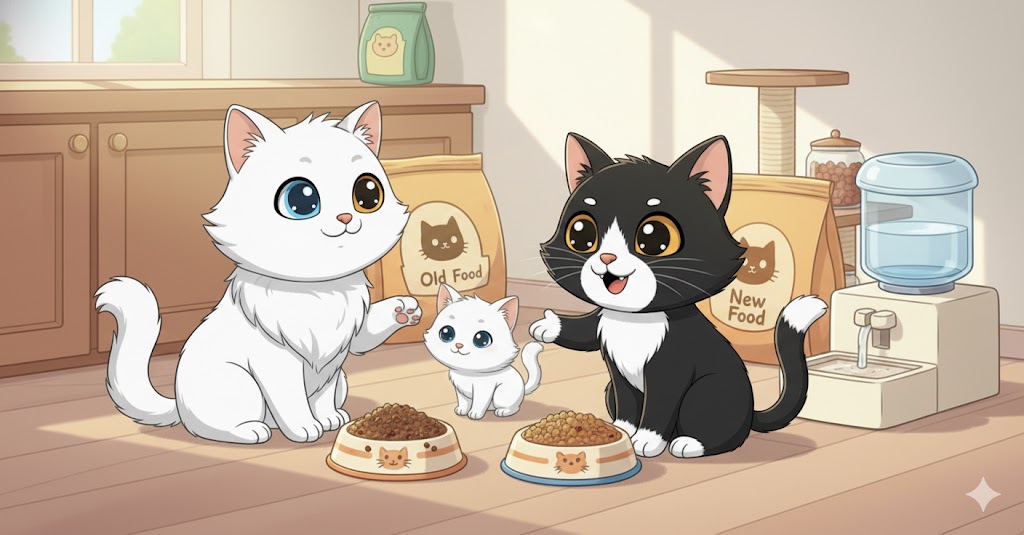 Tres gatos en una cocina, un gato blanco de ojos heterocromáticos con un cuenco de "Old Food" (comida vieja), un gatito blanco al centro, y un gato blanco y negro sonriente con un cuenco de "New Food" (comida nueva). Detrás hay sacos de pienso y un bebedero automático. La escena representa la transición de alimentos para gatos.