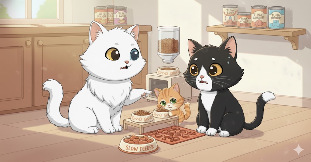 Tres gatos en una cocina, un gato blanco de ojos heterocromáticos señala a un gatito naranja con gesto de preocupación, mientras este mira su cuenco de comida. Un gato blanco y negro también observa con inquietud. Los cuencos de comida para gato, uno de ellos "Slow Feeder", están en primer plano. Latas de comida en un estante y un dispensador de croquetas visible.