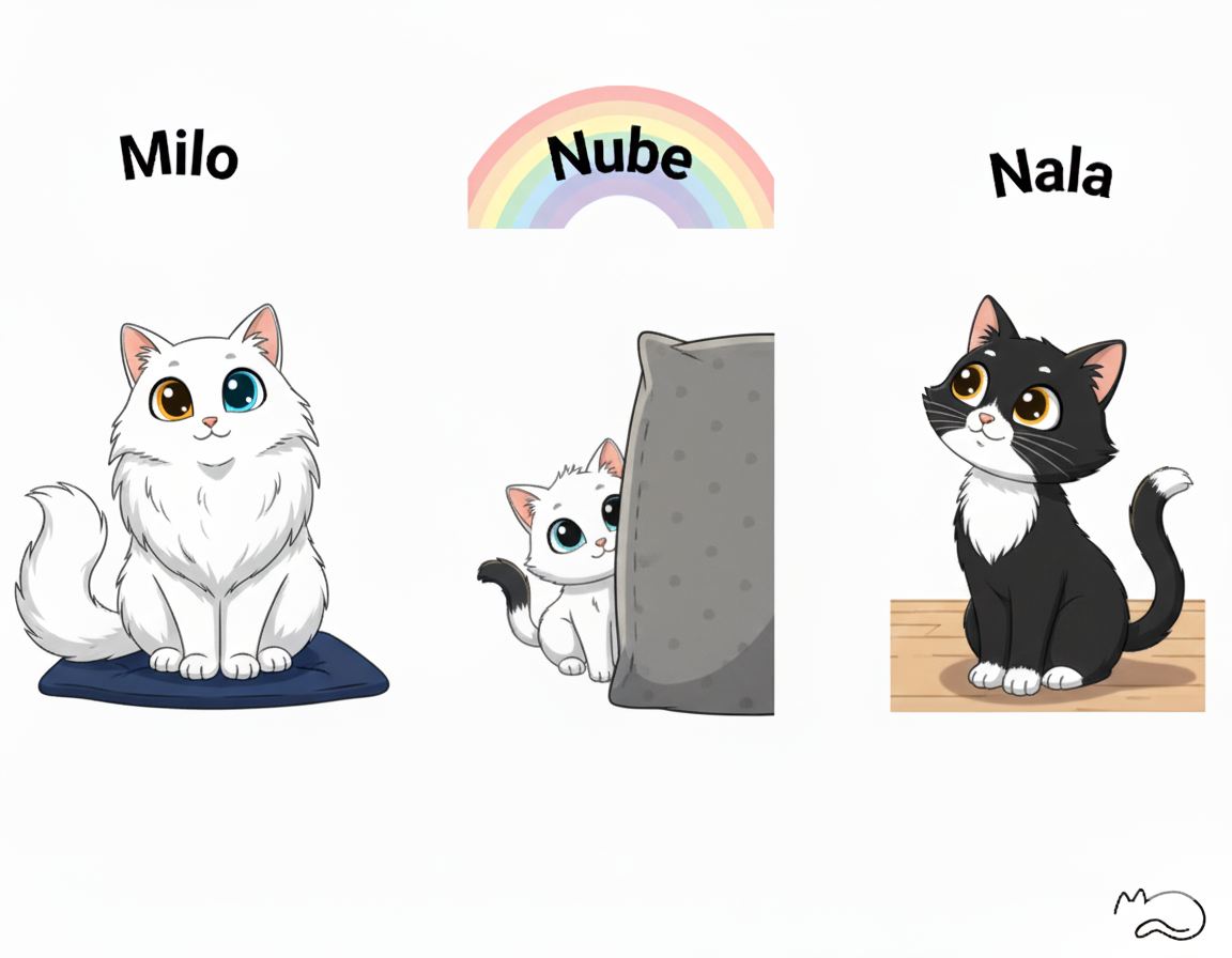 Ilustración de tres gatos: Milo, un gato blanco de pelo largo con ojos de color ámbar y azul; Nube, una gatita blanca y negra asomándose por detrás de un cojín; y Nala, una gatita blanca y negra sentada, con ojos color ámbar. Encima de Nube hay un arcoíris con su nombre, y en la parte inferior derecha hay un icono de gato dibujado.