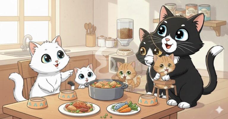 Seis gatos en una cocina doméstica alrededor de una mesa con comida casera para gatos. Un gato adulto blanco señala una olla humeante en el centro de la mesa, mientras dos gatitos observan atentos. A la derecha, un gato adulto blanco y negro sostiene a un gatito en una trona. En la mesa hay platos con carne y verduras, cuencos vacíos para gatos y un ambiente cálido y familiar. Al fondo se ven latas de comida y un dispensador de pienso.