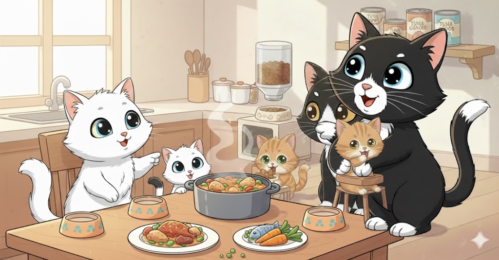 Seis gatos en una cocina doméstica alrededor de una mesa con comida casera para gatos. Un gato adulto blanco señala una olla humeante en el centro de la mesa, mientras dos gatitos observan atentos. A la derecha, un gato adulto blanco y negro sostiene a un gatito en una trona. En la mesa hay platos con carne y verduras, cuencos vacíos para gatos y un ambiente cálido y familiar. Al fondo se ven latas de comida y un dispensador de pienso.