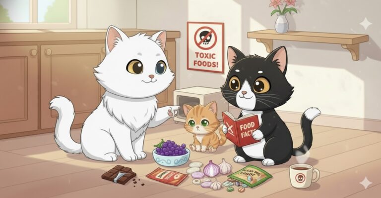 Ilustración de tres gatos rodeados de alimentos tóxicos como chocolate, uvas, ajo y dulces, con un cartel de advertencia de “toxic foods”.
