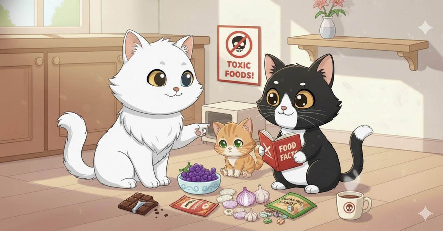 Ilustración de tres gatos rodeados de alimentos tóxicos como chocolate, uvas, ajo y dulces, con un cartel de advertencia de “toxic foods”.